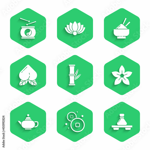 Set Bamboo, Chinese Yuan currency, Dumpling on cutting board, Lotus flower, tea ceremony, Peach fruit, Rice bowl with chopstick and drum icon. Vector
