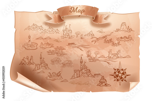 Old vintage map vector illustration, travel cartography antique paper, game parchment background. Adventure fantasy medieval papyrus, magic kingdom, doodle geography element. Old map treasure frame