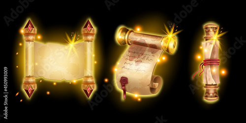 Old parchment paper scroll illustration, vector game ancient letter, antique magic manuscript, sparks. UI fantasy medieval roll, gold vintage papyrus, rolled diploma isolated on black. Old parchment