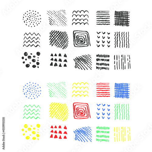 カラフルでかわいいベクターの素材、水彩絵の具、クレヨン、チョーク、落描き