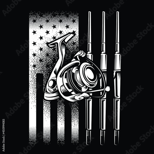 Fishing tackle with American flag vector | Born to fishing forced to work -sinkers, floats, rods, reels, baits, lures, spears, nets, traps, waders, tackle boxes,reel, Hooks, fishing hooks, vector
