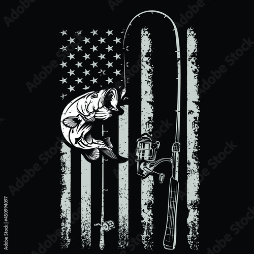Fishing tackle with American flag vector | Born to fishing forced to work -sinkers, floats, rods, reels, baits, lures, spears, nets, traps, waders, tackle boxes,reel, Hooks, fishing hooks, vector
