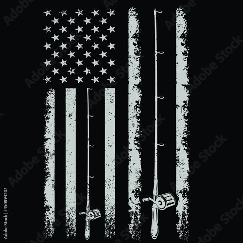 American fishing tackle with flag vector | Born to fishing forced to work -sinkers, floats, rods, reels, baits, lures, spears, nets, traps, waders, tackle boxes,reel, Hooks, fishing hooks, vector
