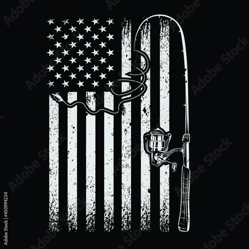 American flag and fishing tackle vector | Born to fishing forced to work -sinkers, floats, rods, reels, baits, lures, spears, nets, traps, waders, tackle boxes,reel, Hooks, fishing hooks, vector
