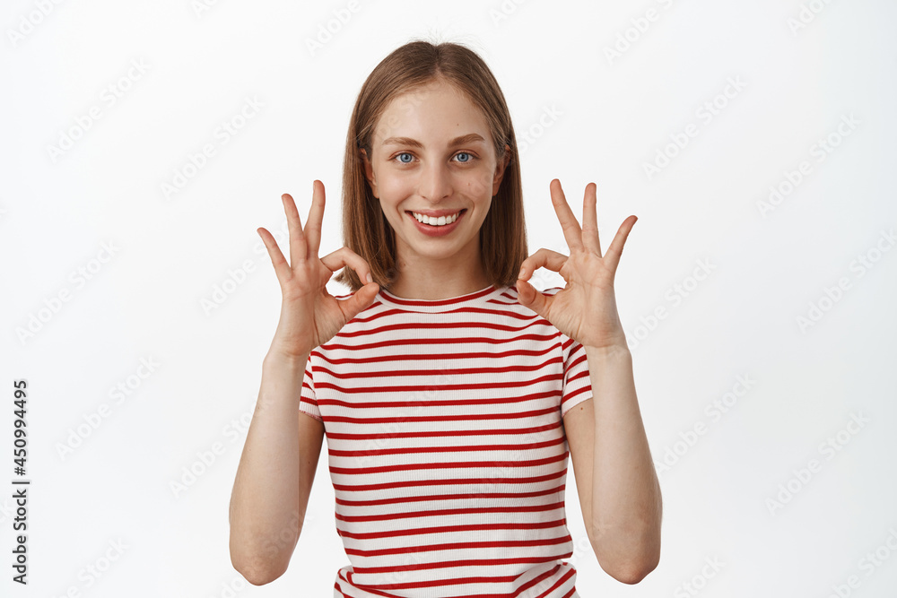No problem. Happy smiling blond woman give her guarantee, showing okay, OK, zero gestures and nod in approval, assure all under control, praise excellent result, recommending smth No problem. Happy smiling blond woman give her guarantee, showing okay, OK, zero gestures and nod in approval, assure all under control, praise excellent result, recommending smth
