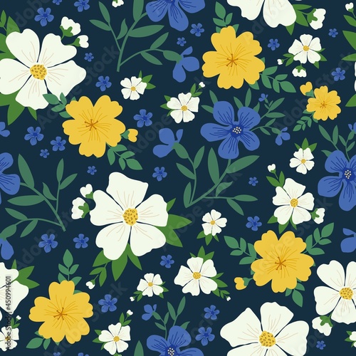Seamless vintage pattern. Wonderful white, yellow and blue flowers on a dark blue background . Vector texture. Trend print for textiles and wallpaper.