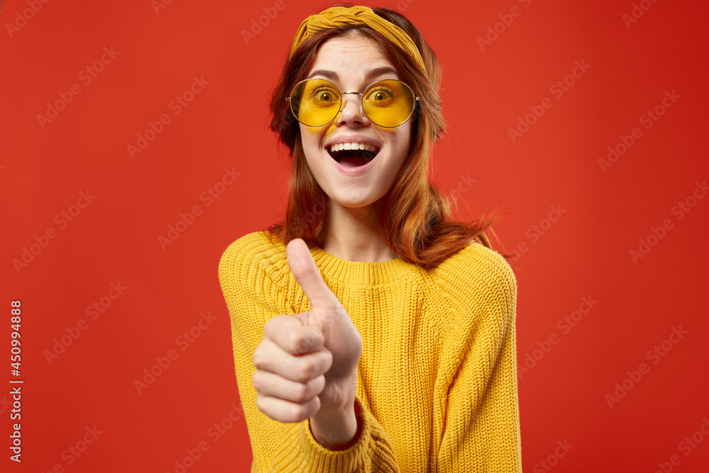cheerful woman in yellow glasses fashion jewelry hippie cheerful woman in yellow glasses fashion jewelry hippie