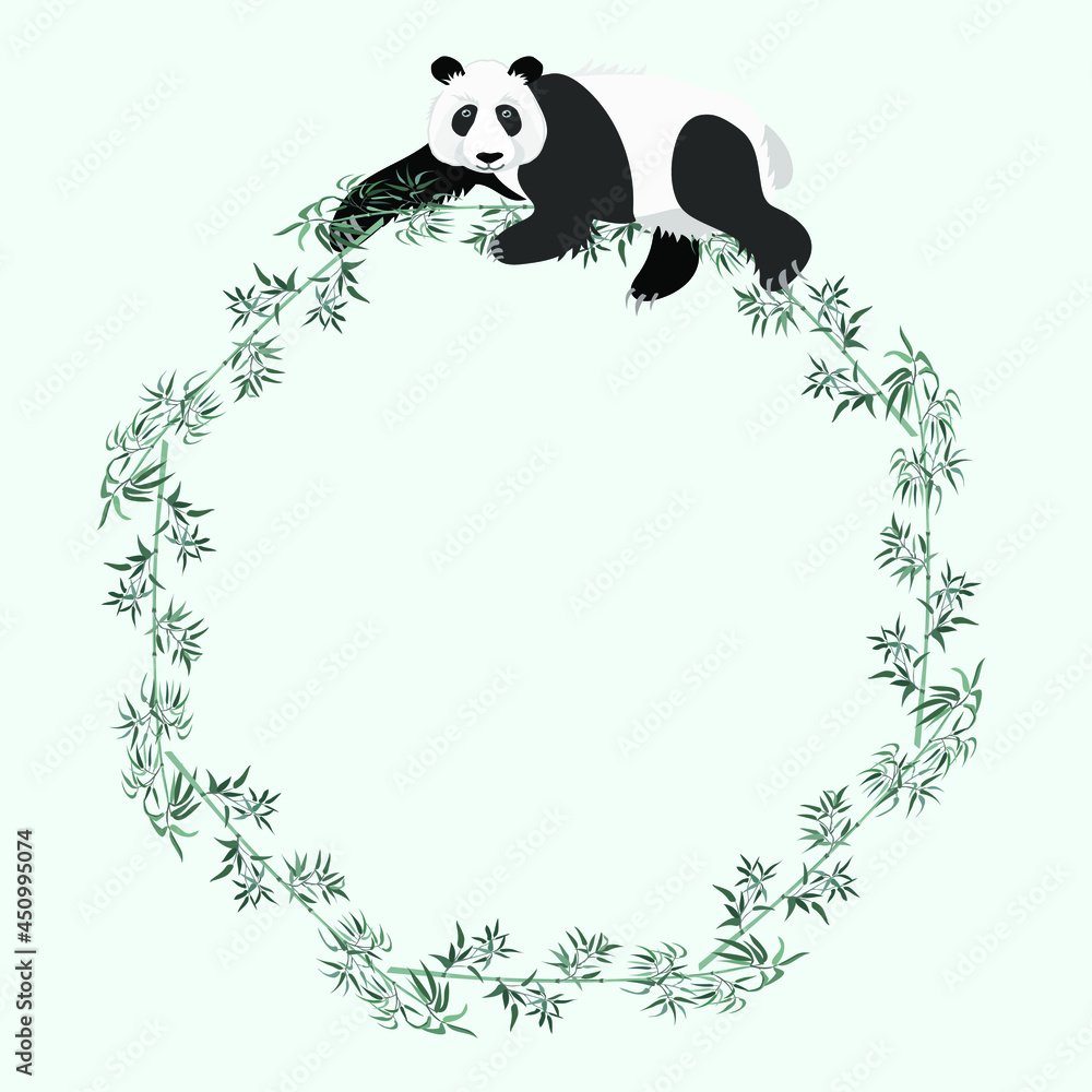 Fototapeta premium Bamboo frame with a panda. Bamboo wreath, postcard, brochure. Vector illustration.