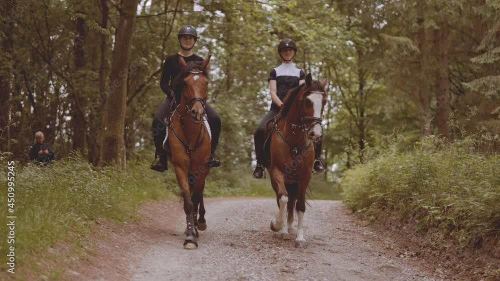 Two Equestrians Mounted in Horses, Slowly Traveling In the Middle of Forest Two Equestrians Mounted in Horses, Slowly Traveling In the Middle of Forest
