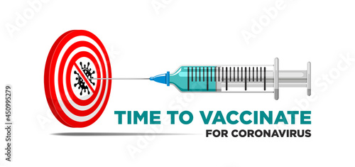 Coronavirus vaccination concept. Syringe with a covid-19 vaccine hits  target with prohibiting coronavirus sign. Vector template on transparent background