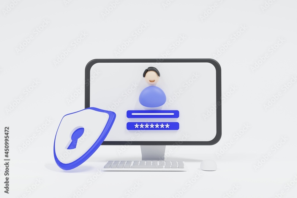 3D illustrations. Computer and account login and password form page on the screen. Sign in to account, user authorization, login page concept. Username, password fields. Data management 3D illustrations. Computer and account login and password form page on the screen. Sign in to account, user authorization, login page concept. Username, password fields. Data management