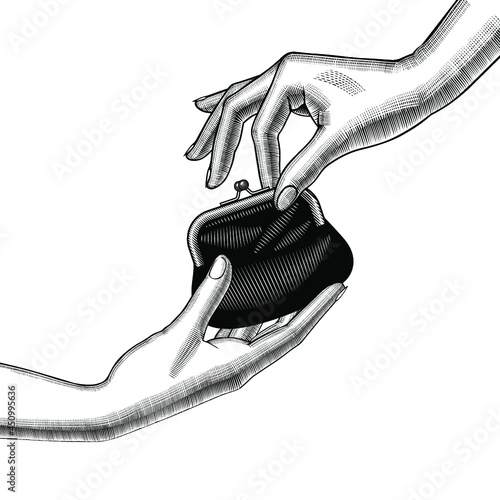 Help with money, credit. A woman's hand holds out a wallet with money. Financial topic. Vintage engraving stylized drawing. Vector illustration 