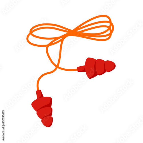 Red curly lace ear plugs. Flat illustration of earplugs, noise protection during sleep, work