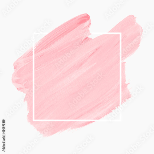 Pink cream brush stroke paint background vector over square frame. Perfect makeup  design for logo, headline and sale banner. 