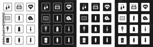 Set Heart with text Sex, Dildo vibrator, shop, Penis pump, Adult label on compact disc, Anal beads and Spanking paddle icon. Vector
