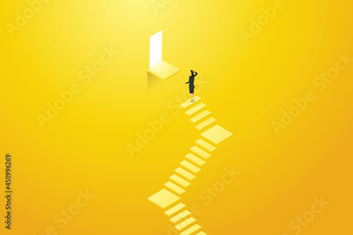 Businesswoman standing on the stairs unable to reach the door.