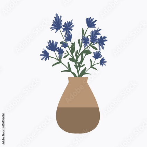 Cute romantic bouquet of chicory flowers in a vase on a blue background. Vector hand drawn illustration. Can be used for greeting cards  banners  or on the cover of a notebook or notebook.