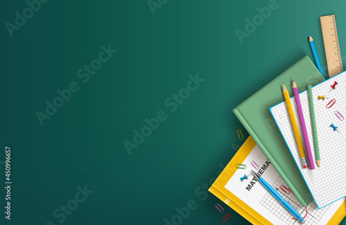 a green background with a book, a textbook, a notebook, a ruler, a pen, colored pencils, a calculator and other stationery lying on it. Vector illustration in the style of flat lay on a school theme