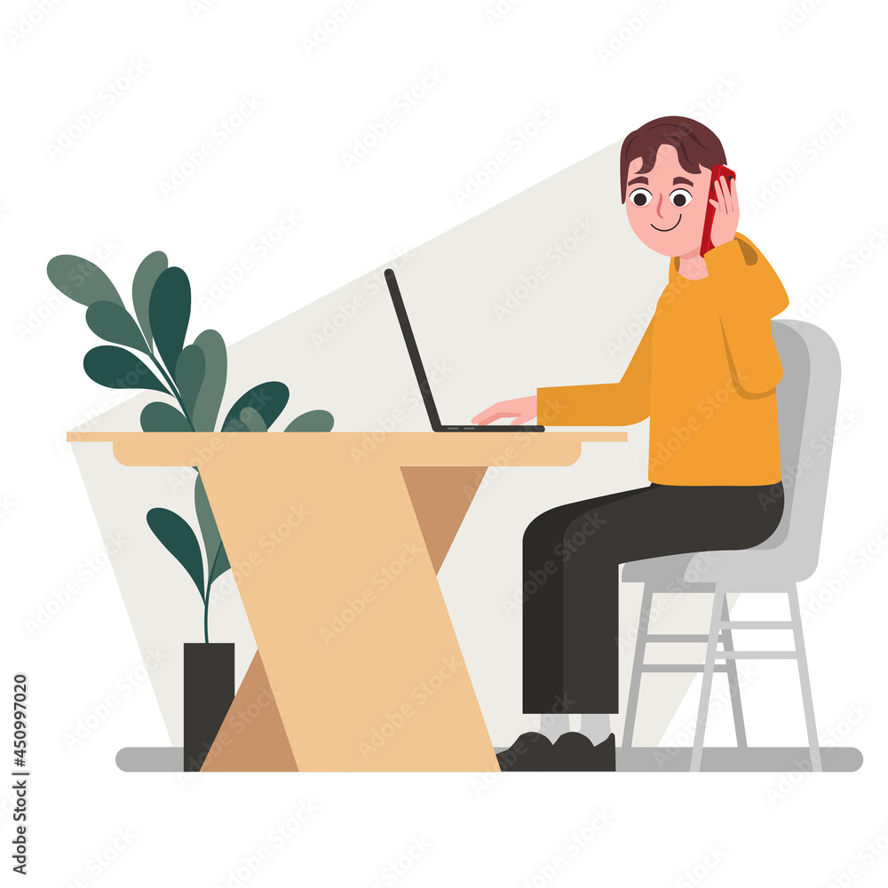 Young programmer, businessman, freelance, working at desk with laptop.