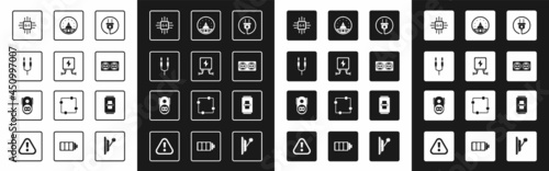 Set Electric plug, transformer, Audio jack, Processor with microcircuits CPU, Electrical outlet, Ampere meter, multimeter, voltmeter, light switch and icon. Vector