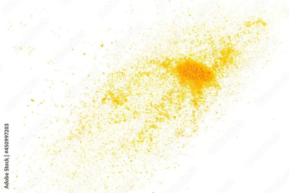 Turmeric powder pile isolated on white background, top view. Yellow turmeric powder. Indian spice, turmeric powder isolated on white background. Curcuma powder isolated on white background, top view.