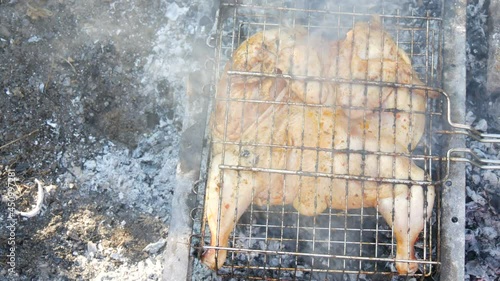 Whole juicy with spices grilled chicken tabaka or tapaka at summer picnic photo