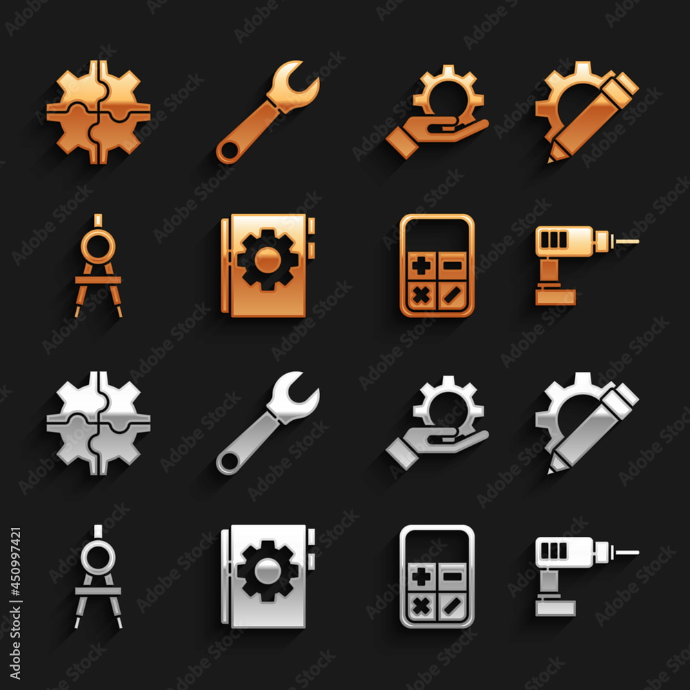 Set User manual, Pencil and gear, Electric drill machine, Calculator,  Drawing compass, Settings the hand, Gear and Wrench spanner icon. Vector  Stock Vector | Adobe Stock