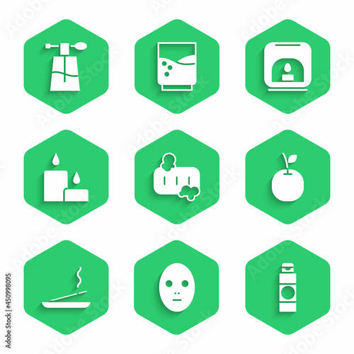 Set Bar of soap with foam, Facial cosmetic mask, Cream or lotion tube, Apple, Scented spa stick, Burning candle, Aroma lamp and Perfume icon. Vector