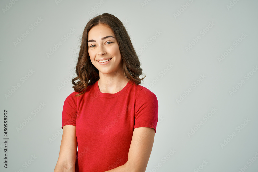 woman in white t-shirt smile studio posing glamor woman in white t-shirt smile studio posing glamor