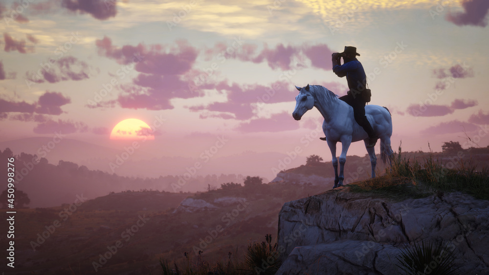 Silhouette of a person on a mountain. Outlaw on a horse. looking through binoculars.