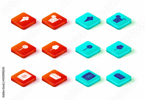 Set Hard bread chucks crackers, Chicken nuggets in box, Lollipop, Cotton candy, Cocktail and Ice cream waffle cone icon. Vector
