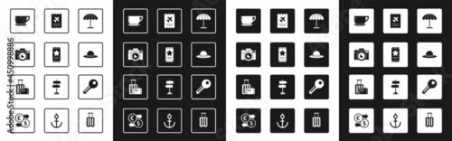 Set Sun protective umbrella for beach, Mobile with review rating, Photo camera, Coffee cup, Elegant women hat, Airline ticket, Key and Suitcase icon. Vector