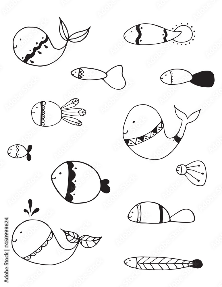 Vector illustration with sea creatures - fish and whale. Cartoon charcater