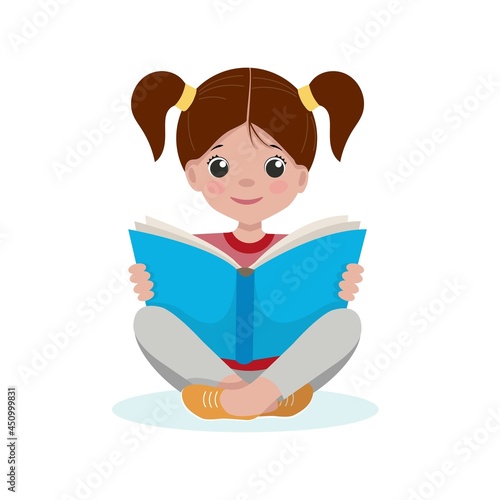 Little girl reading book while sitting. Education concept. Cute vector illustration in flat cartoon style © Ester.V
