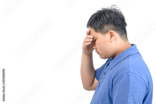 Obese boy feel strain or headache isolated on white background,