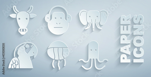 Set Jellyfish, Elephant, Macaw parrot, Octopus, Monkey and Cow head icon. Vector