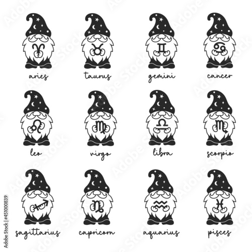 Cute gnomes with zodiac signs. Set of funny astrological zodiac symbols. Vector horoscope icon. Monochrome silhouettes.