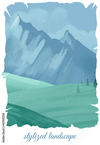 stylized landscape with hills and mountain