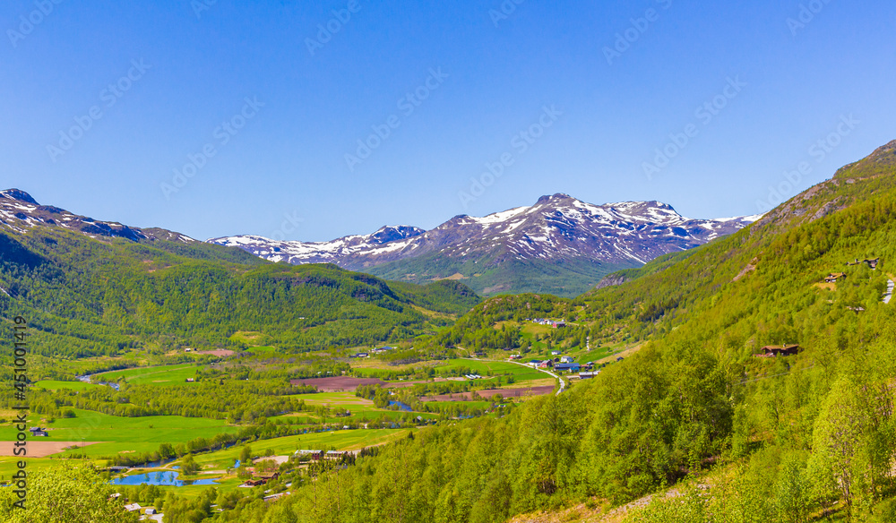 Beautiful valley panorama Norway Hemsedal Skicenter with snowed in Mountains.