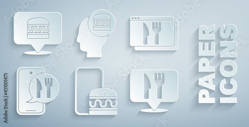 Set Online ordering and delivery, Cafe restaurant location, and burger icon. Vector