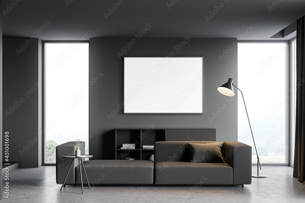 Living room interior with empty white poster on the wall Living room interior with empty white poster on the wall
