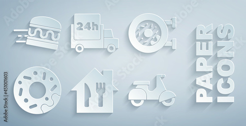 Set Online ordering and delivery, Donut, Scooter, Fast by car and burger icon. Vector