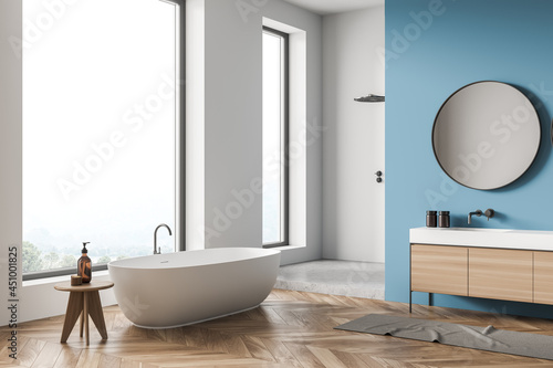 White and blue bathroom with shower area. Corner view.