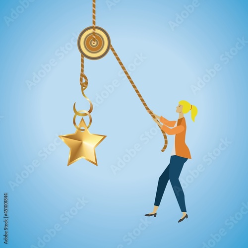 Improve business concept. Evaluation, survey. Vector illustration. Woman dragging golden star higher. Five stars. Dimension 16:9. EPS10. photo