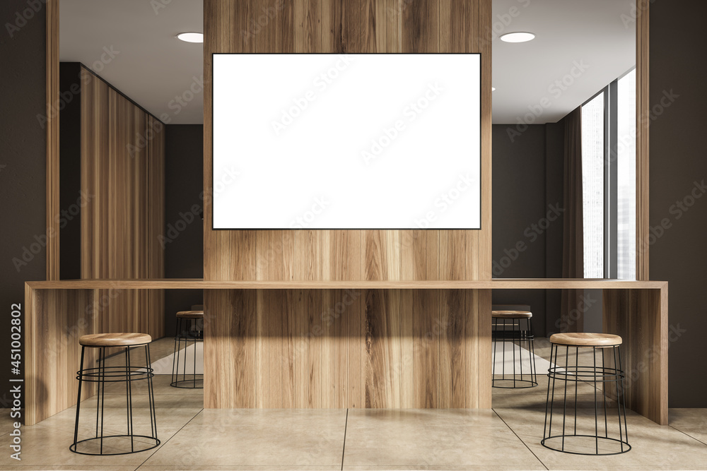 Dark bedroom interior with empty white poster, mirror and barstool Dark bedroom interior with empty white poster, mirror and barstool