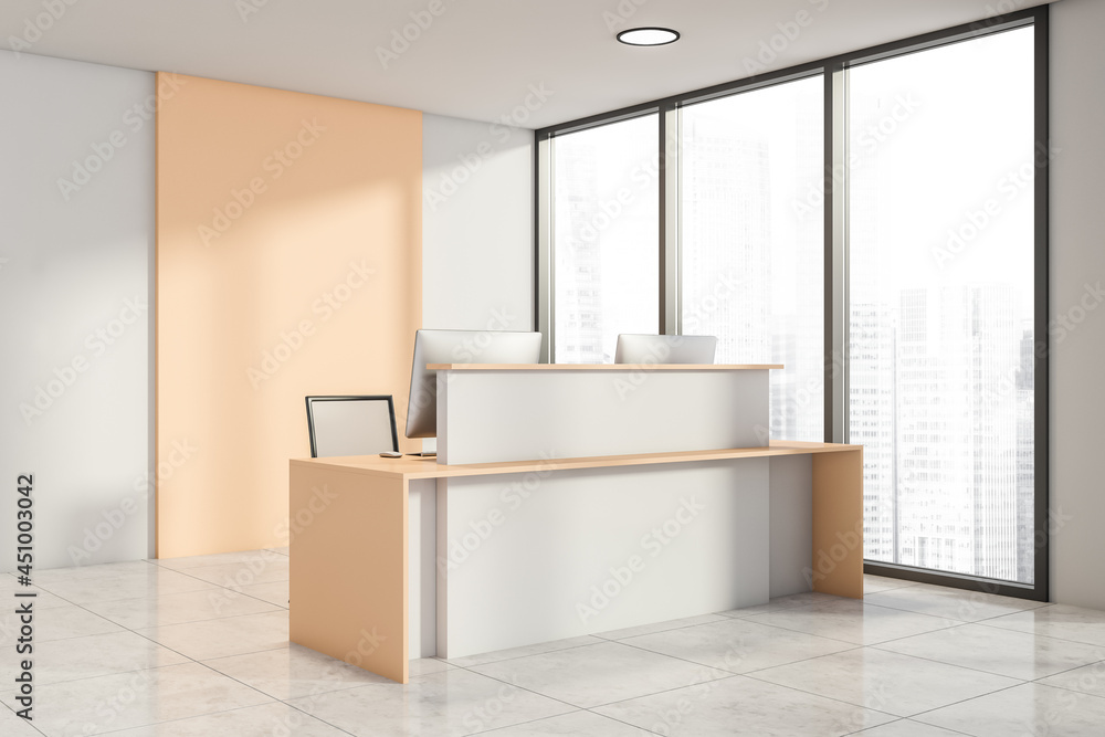 Corner view of office room and reception interior with computers Corner view of office room and reception interior with computers