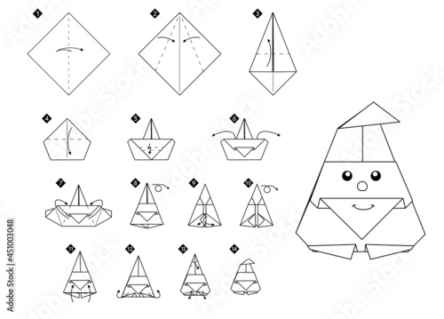 How to make origami santa claus. Step by step black and white DIY instructions. Outline monochrome vector illustration.