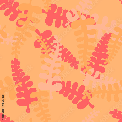 Vector Illustration Hand drown of orange and pink fern leaves. Seamless pattern