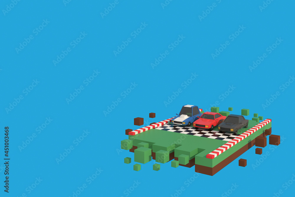 3D illustrator the racing car. 3d rendering Low Polygon Geometry. Lowpoly Minimal Style Art.