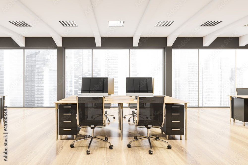 Closeup workspace with office desk, wooden floor and panoramic windows